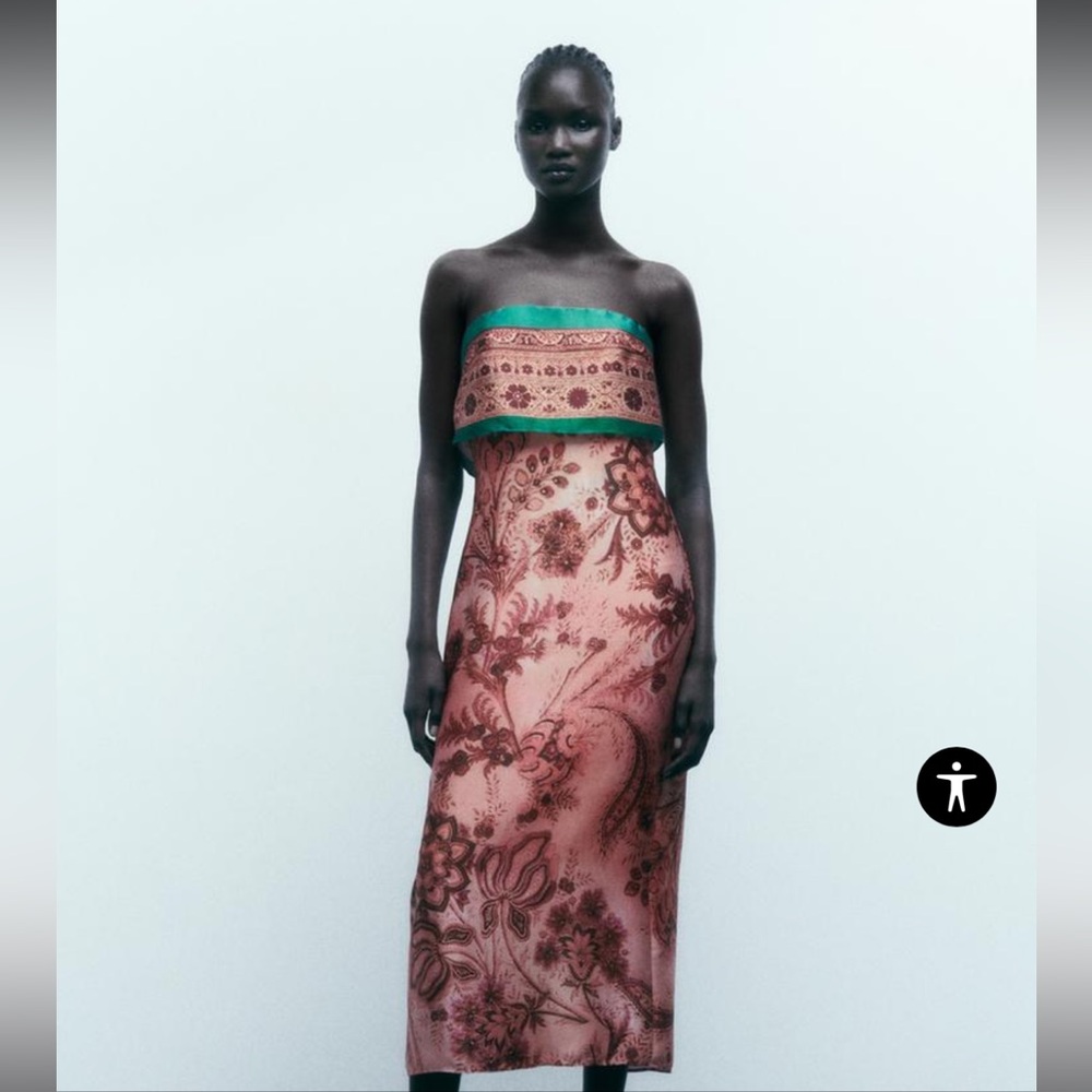 Zara Paisley Strapless Pink and Green Maxi Dress